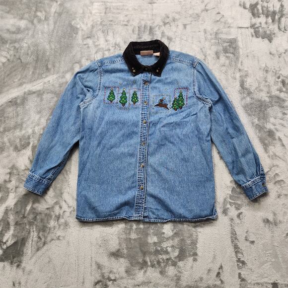 Basic Editions Tops - Vintage Basic Editions Holiday Top Womens S Blue Denim Velvet Collar Embroidered